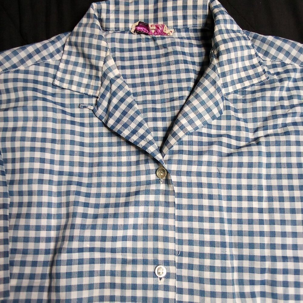 Vintage 70s Sasso Permanent Prest Blue Checker Button Shirt